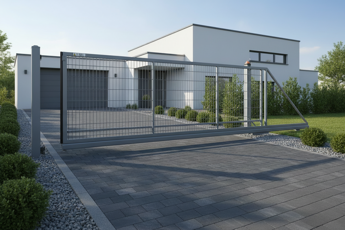 Elektrisches freitragendes Schiebetor Premium an einer modernen Wohnzufahrt, ohne zusätzliches Rad, mit korrekt positioniertem Pfosten